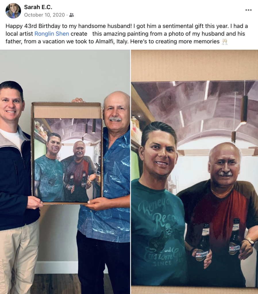 Sarah E.C.: Happy 43rd Birthday to my handsome husband! I got him a sentimental gift this year. I had a local artist Ronglin Shen create this amazing painting from a photo of my husband and his father, from a vacation we took to Almalfi, Italy. Here's to creating more memories