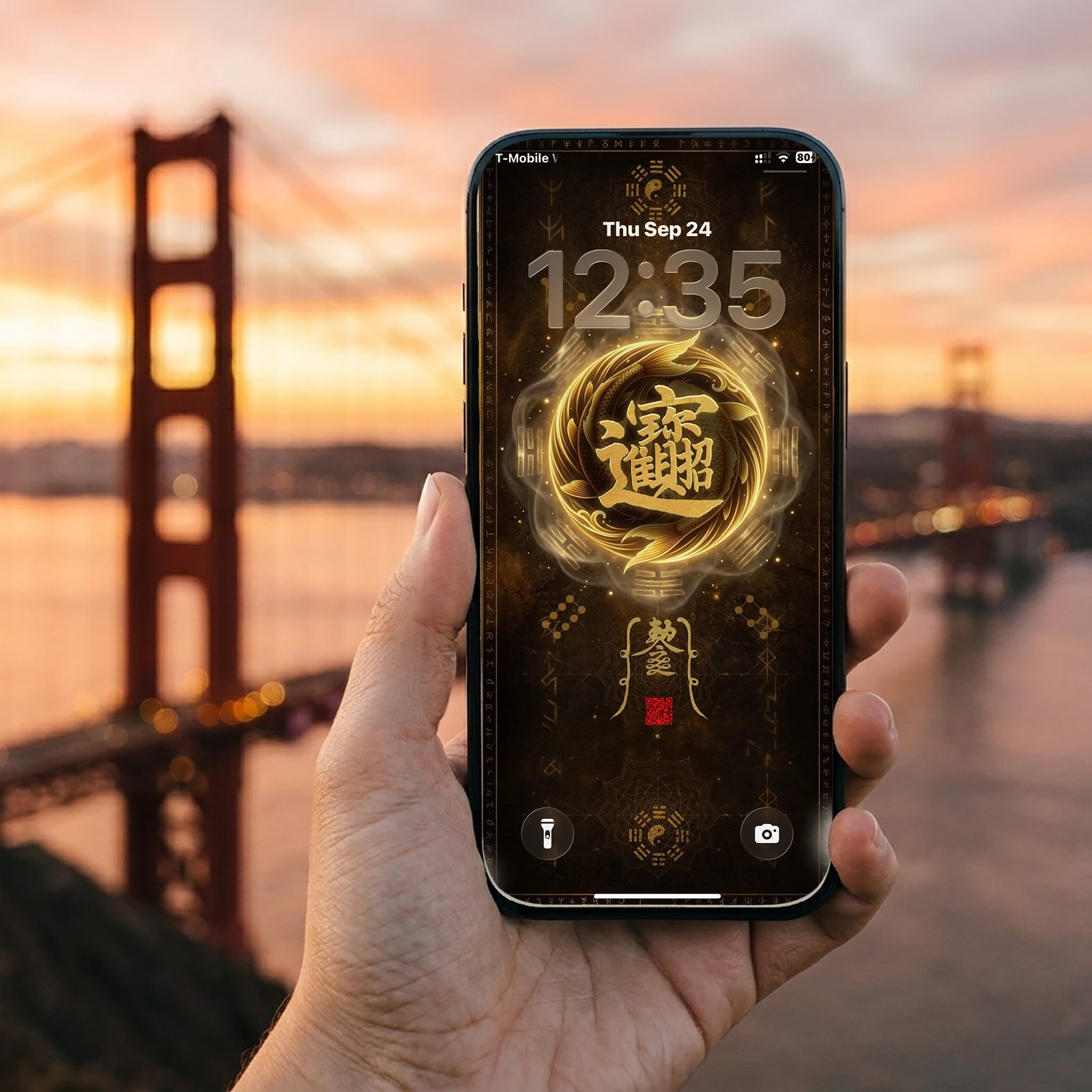 Fulu Talisman 招財進寶 Feng Shui Prosperity Phone Wallpaper | Hand-Brushed Taoist Calligraphy, Golden Koi | Instant Download