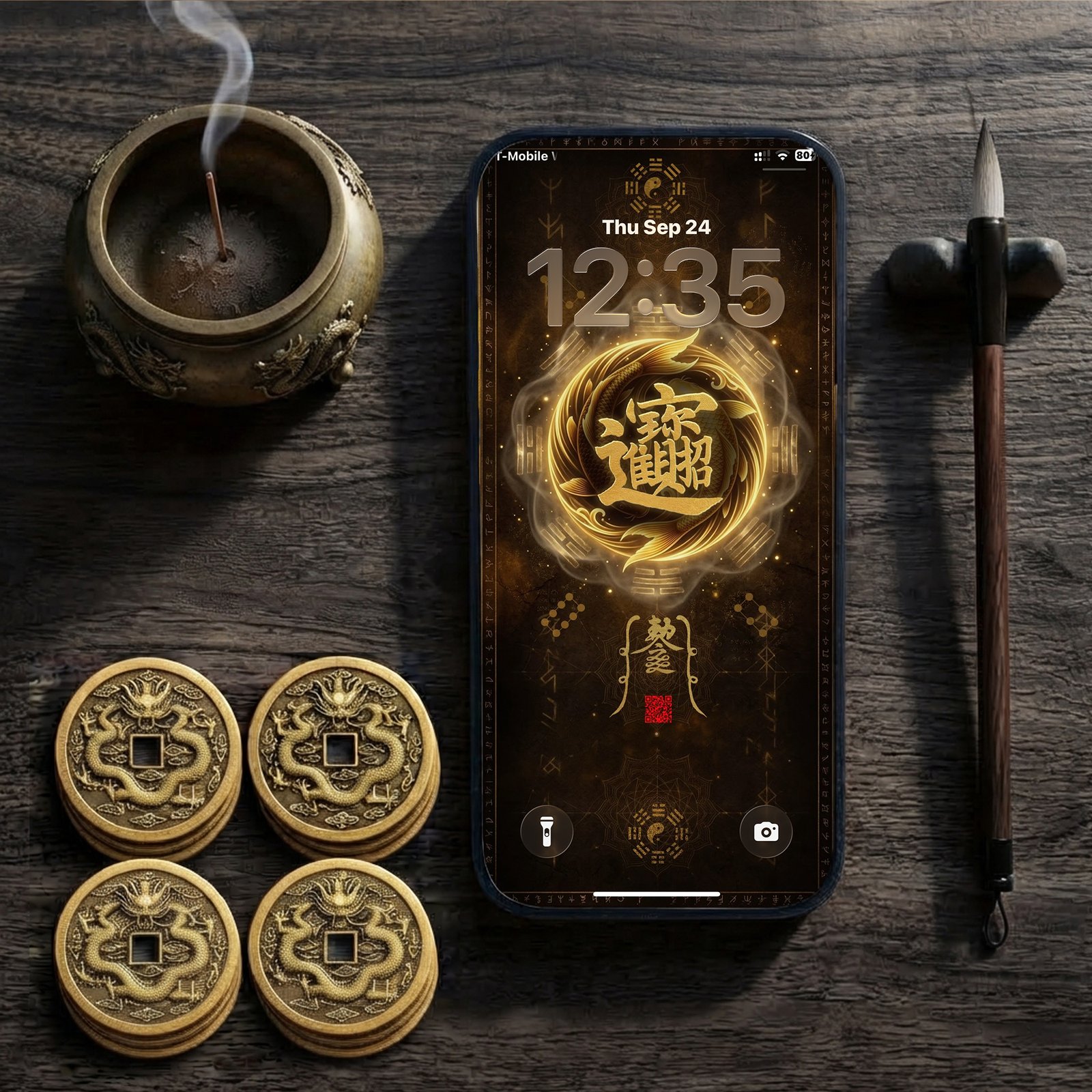 Fulu Talisman 招財進寶 Feng Shui Prosperity Phone Wallpaper | Hand-Brushed Taoist Calligraphy, Golden Koi | Instant Download - Image 3
